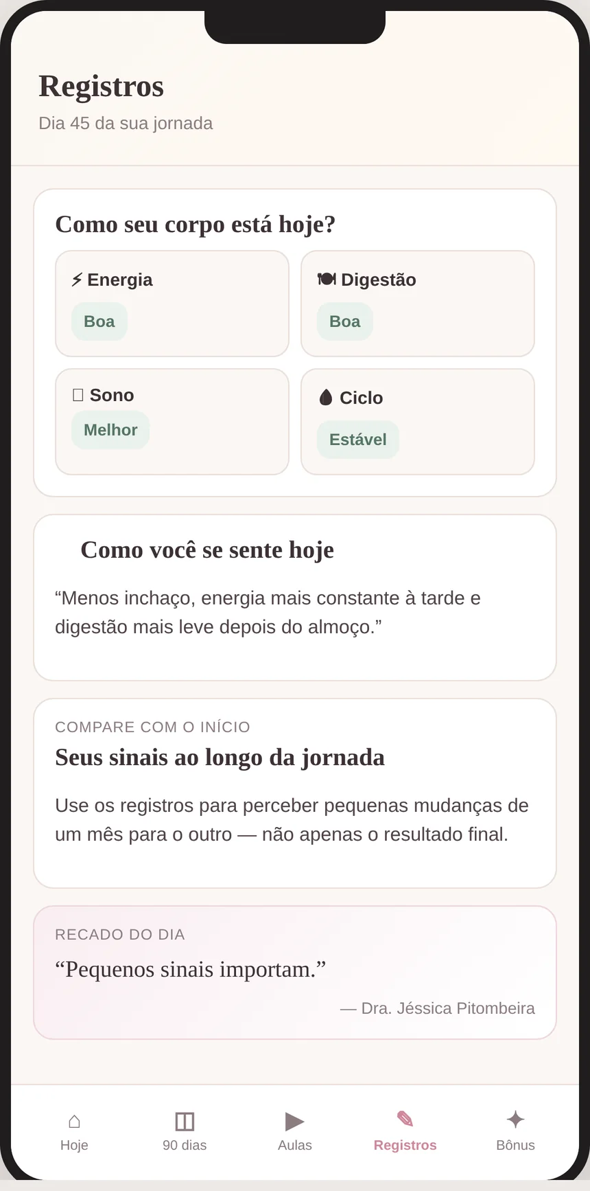 Tela do aplicativo: Observar os sinais do seu corpo