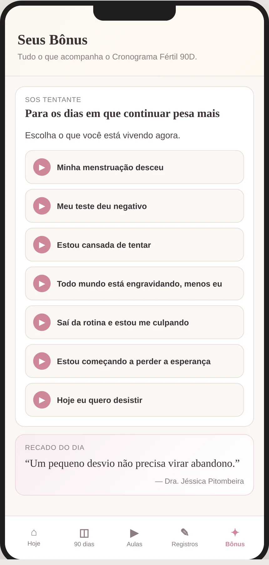 Tela do aplicativo: Cuidar do emocional enquanto continua tentando